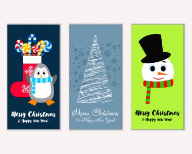 Renkli Noel kartları yılbaşı süsleri ve kardan adam vektör çizim ile