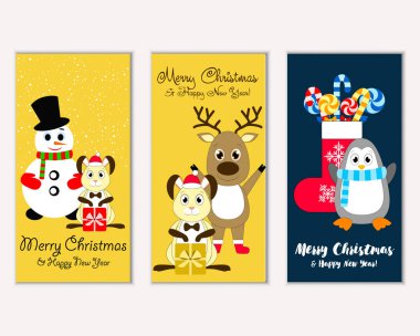 mutlu Noeller ve mutlu yeni yıl tebrik kartları vektör çizim   