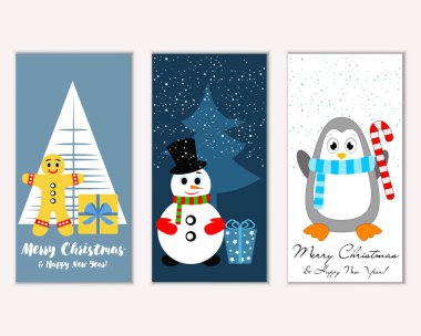 Mutlu Noeller ve mutlu yeni yıl tebrik kartları. Vektör çizim   