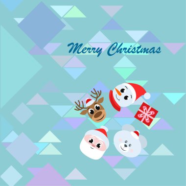 Noel kartı. Noel Baba, kardan adam, geyik, ayı ve hediye vektör arka plan