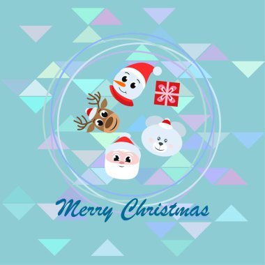 Noel kartı. Noel Baba, kardan adam, geyik, ayı ve hediye vektör arka plan