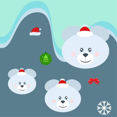 Yeni yıl kartı yay ayı Noel top kar tanesi santa şapka vektör arka plan