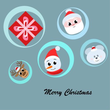 Noel kartı. Noel Baba, kardan adam, geyik, ayı ve hediye vektör arka plan