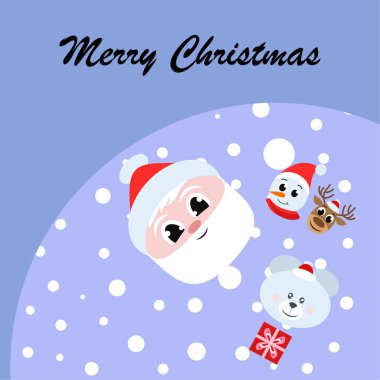 Noel kartı. Noel Baba, kardan adam, geyik, ayı ve hediye vektör arka plan