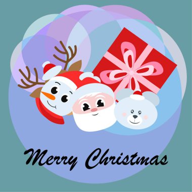 Noel kartı. Noel Baba, kardan adam, geyik, ayı ve hediye vektör arka plan