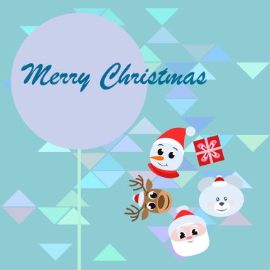 Noel kartı. Noel Baba, kardan adam, geyik, ayı ve hediye vektör arka plan