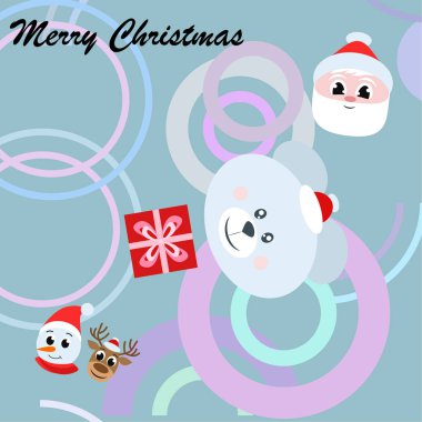 Noel kartı. Noel Baba, kardan adam, geyik, ayı ve hediye vektör arka plan