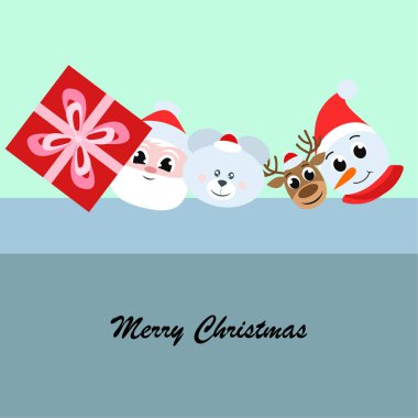 Noel kartı. Noel Baba, kardan adam, geyik, ayı ve hediye vektör arka plan