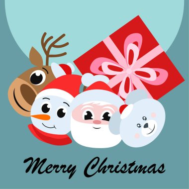 Noel kartı. Noel Baba, kardan adam, geyik, ayı ve hediye vektör arka plan