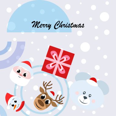 Noel kartı. Noel Baba, kardan adam, geyik, ayı ve hediye vektör arka plan