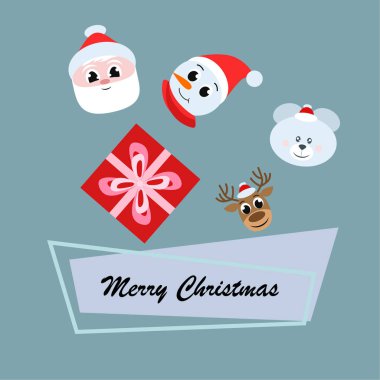 Noel kartı. Noel Baba, kardan adam, geyik, ayı ve hediye vektör arka plan