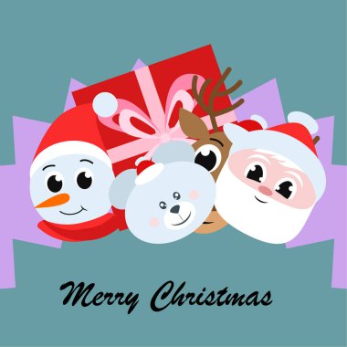 Noel kartı. Noel Baba, kardan adam, geyik, ayı ve hediye vektör arka plan