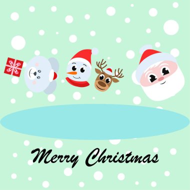 Noel kartı. Noel Baba, kardan adam, geyik, ayı ve hediye vektör arka plan