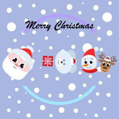 Noel kartı. Noel Baba, kardan adam, geyik, ayı ve hediye vektör arka plan