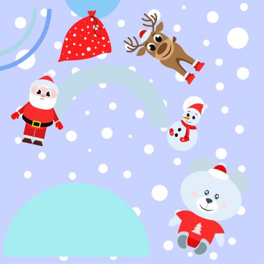 Mutlu yeni yıl kartı. Noel Baba, kardan adam, geyik, ayı vektör arka plan
