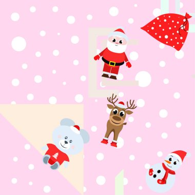 Mutlu yeni yıl kartı. Noel Baba, kardan adam, geyik, ayı vektör arka plan