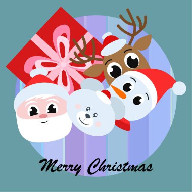 Noel kartı. Noel Baba, kardan adam, geyik, ayı ve hediye vektör arka plan