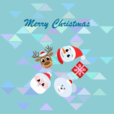 Noel kartı. Noel Baba, kardan adam, geyik, ayı ve hediye vektör arka plan