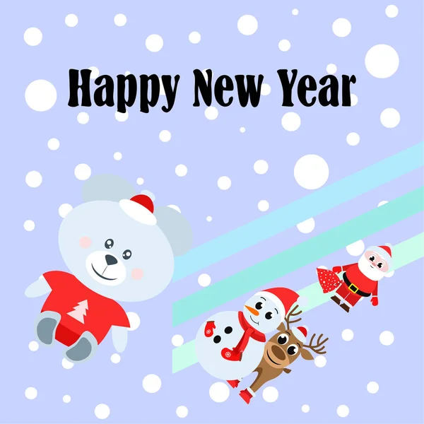 Carte Nouvel Père Noël Bonhomme Neige Cerf Ours Vecteur Arrière — Image vectorielle