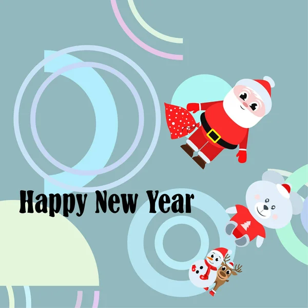 Happy New Year Card Santa Claus Snowman Deer Bear Vector — Stock Vector