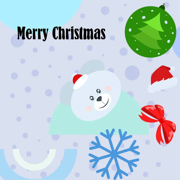Новорічна Листівка Лук Ведмідь Різдвяний Сніжинка Санта Капелюх Векторний Фон — стоковий вектор