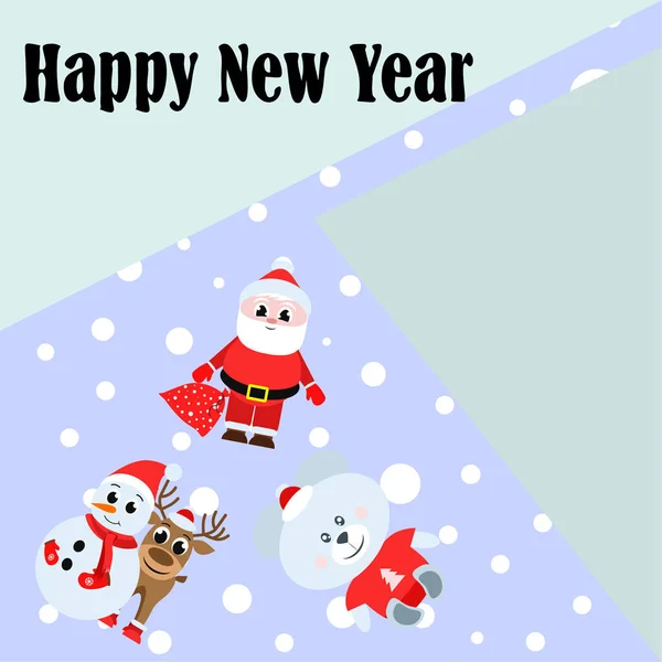 New Year Card Santa Snowman Deer Bear Vector Background — Stock Vector