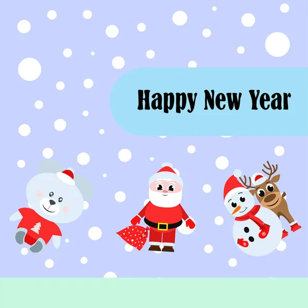 New Year Card Santa Snowman Deer Bear Vector Background — Stock Vector