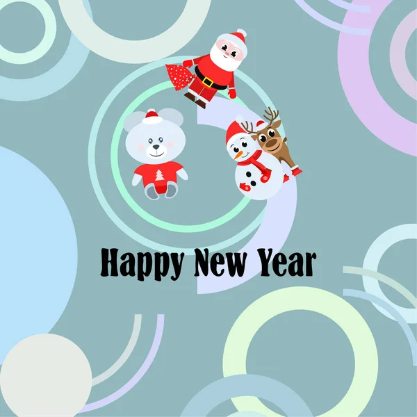 Bonne Année Carte Père Noël Bonhomme Neige Cerf Ours Vecteur — Image vectorielle