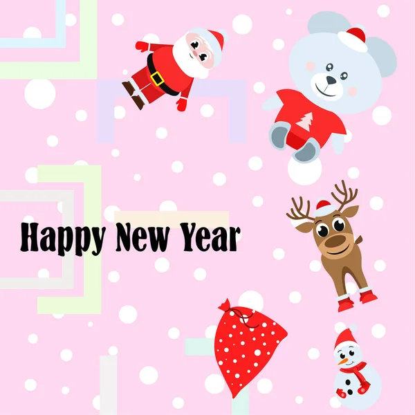 Christmas New Year Card Santa Snowman Deer Bear Vector Background — Stock Vector