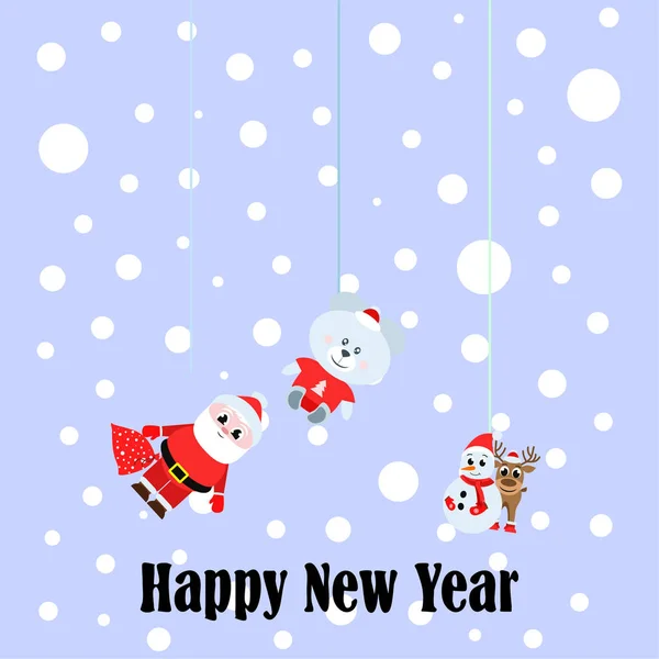 New Year Card Santa Snowman Deer Bear Vector Background — Stock Vector