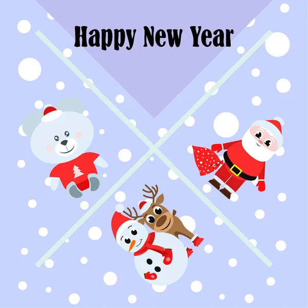 Happy New Year Card Santa Claus Snowman Deer Bear Vector — Stock Vector