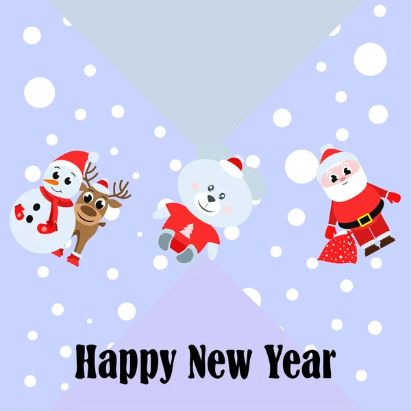 New Year Card Santa Snowman Deer Bear Vector Background — Stock Vector