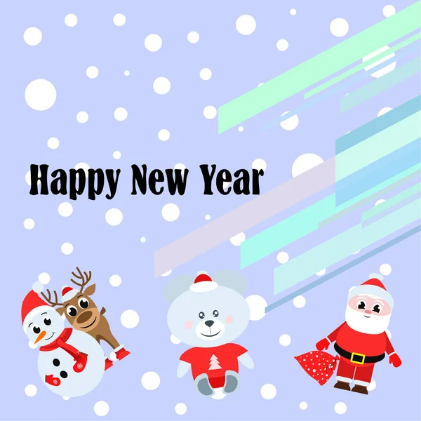 New Year Card Santa Snowman Deer Bear Vector Background — Stock Vector