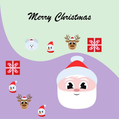 Noel kartı, Santa kardan adam geyik çanta, vektör arka plan ayı.