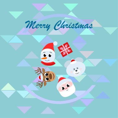 Noel kartı. Noel Baba, kardan adam, geyik, ayı ve hediye vektör arka plan