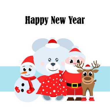 Noel kartı. Noel Baba, kardan adam, geyik, ayı vektör arka plan
