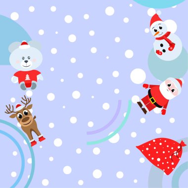 Mutlu yeni yıl kartı. Noel Baba, kardan adam, geyik, ayı vektör arka plan