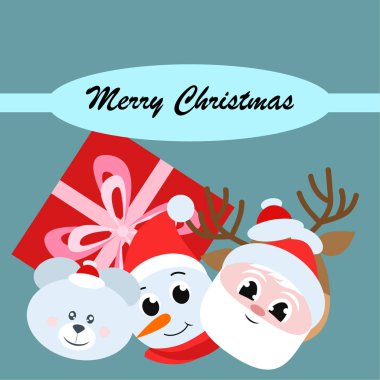 Noel kartı. Noel Baba, kardan adam, geyik, ayı ve hediye vektör arka plan