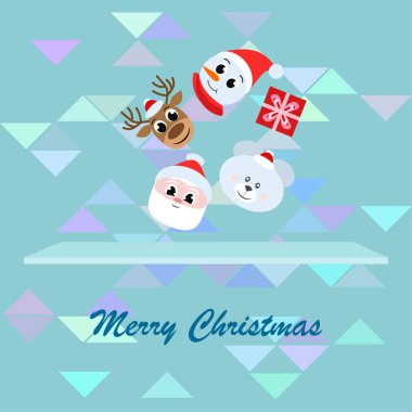 Noel kartı. Noel Baba, kardan adam, geyik, ayı ve hediye vektör arka plan