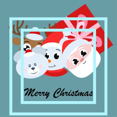 Noel kartı. Noel Baba, kardan adam, geyik, ayı ve hediye vektör arka plan