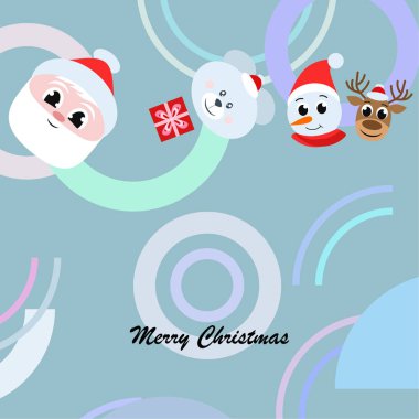 Noel kartı. Noel Baba, kardan adam, geyik, ayı ve hediye vektör arka plan