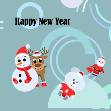 Mutlu yeni yıl kartı. Noel Baba, kardan adam, geyik, ayı vektör arka plan