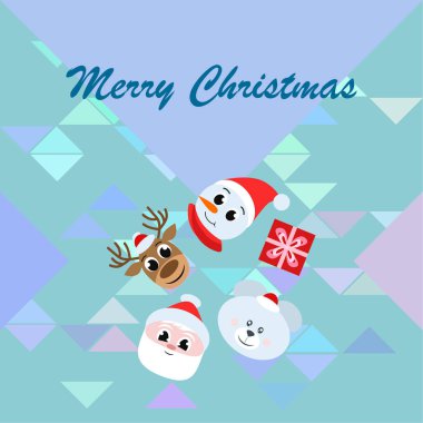 Noel kartı. Noel Baba, kardan adam, geyik, ayı ve hediye vektör arka plan