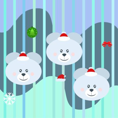 Yeni yıl kartı yay ayı Noel top kar tanesi santa şapka vektör arka plan