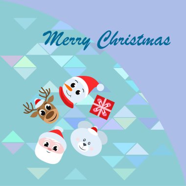 Noel kartı. Noel Baba, kardan adam, geyik, ayı ve hediye vektör arka plan