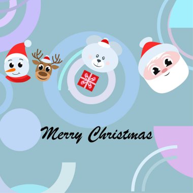 Noel kartı. Noel Baba, kardan adam, geyik, ayı ve hediye vektör arka plan