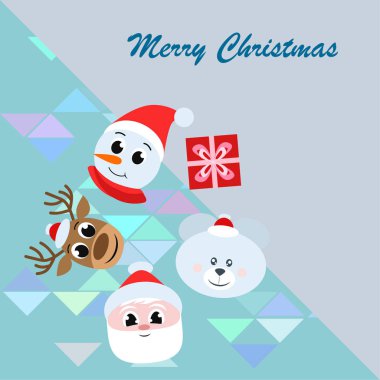 Noel kartı. Noel Baba, kardan adam, geyik, ayı ve hediye vektör arka plan