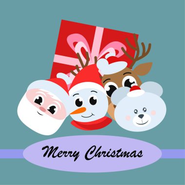 Noel kartı. Noel Baba, kardan adam, geyik, ayı ve hediye vektör arka plan