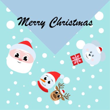 Noel kartı. Noel Baba, kardan adam, geyik, ayı ve hediye vektör arka plan