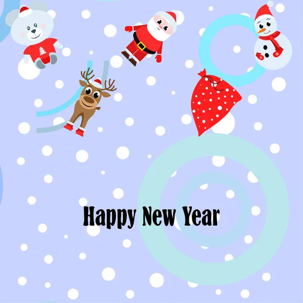 Happy New Year Card Santa Claus Snowman Deer Bear Vector — Stock Vector